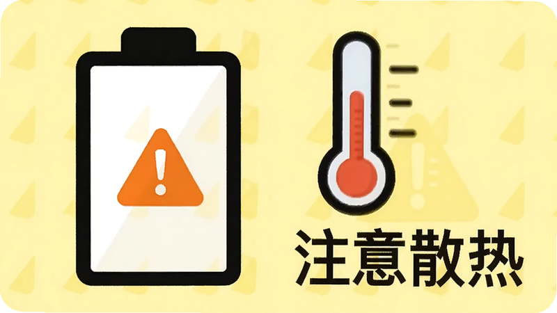 一个手机电池图标显示为橙色警告状态,旁边有一个温度计图标,背景是浅黄色警示色块,文字标注“注意散热”,风格简洁直观,图标扁平化,无复杂背景,画质清晰