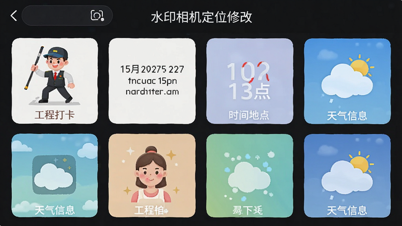 展示“水印相机定位修改”APP的模板选择页面,网格状排列着多种水印样式缩略图,如“工程打卡”、“时间地点”、“天气信息”,界面整洁有序,色彩柔和,细节丰富,高清渲染,无噪点