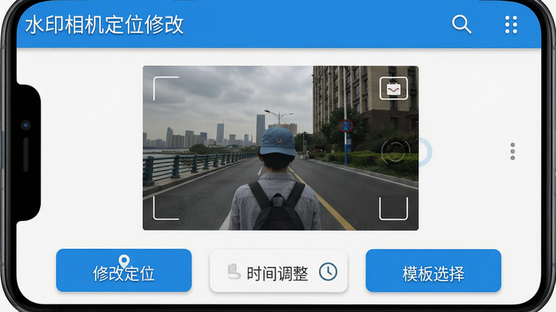 一张高清手机应用界面截图,主体为“水印相机定位修改”安卓版主界面,布局清晰,顶部显示软件名称,中间区域展示实时预览框,底部排列着“修改定位”、“时间调整”、“模板选择”三个功能按钮,风格为现代扁平化设计,色彩以科技蓝和白色为主,细节处有细微的光影效果,画质高清,无多余杂乱元素