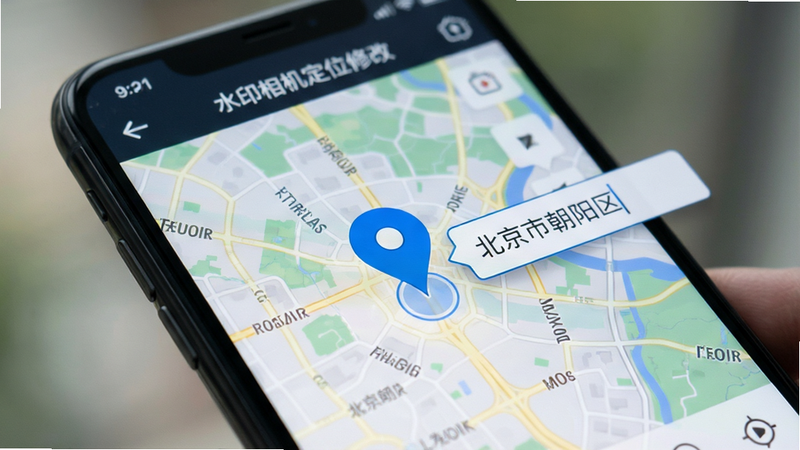 手机屏幕特写,显示“水印相机定位修改”APP内的地图选点界面,地图上有一个醒目的蓝色定位标记,旁边弹出输入框显示“北京市朝阳区”,背景虚化,突出前景的交互操作,风格写实,细节清晰,画质优秀