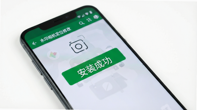 一部安卓手机展示“水印相机定位修改”APP的安装界面,屏幕上显示“安装成功”字样,背景为简洁的白色,风格现代,细节清晰,高清画质,无多余装饰