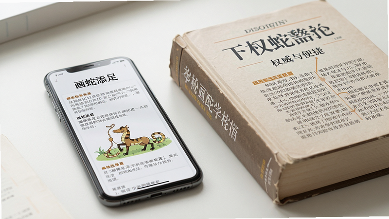 书籍与手机并排展示的构图,手机屏幕显示成语“画蛇添足”的详细解释,旁边放置一本实体辞典,象征权威与便捷结合,光影柔和,构图平衡,细节丰富,高清摄影风格,干净,无多余元素