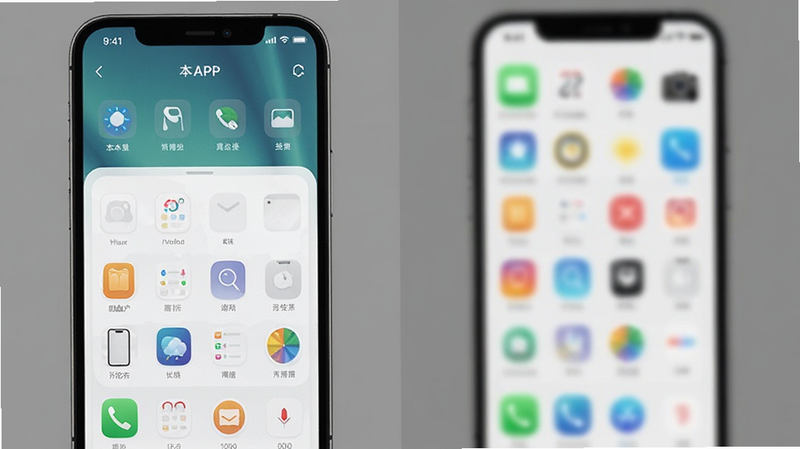 两款手机并排对比图,左侧显示本APP界面,右侧显示模糊的其他APP界面,突出本APP的清晰与简洁,背景为中性灰,构图对比强烈,细节清晰,8k分辨率,干净,无多余元素