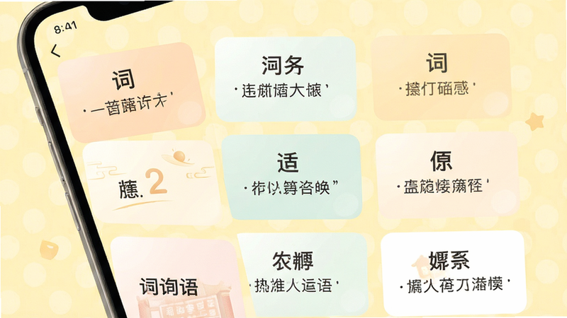 手机APP收藏列表界面,显示多个成语卡片,每个卡片包含成语名称和简短释义,背景为淡黄色,营造温馨学习氛围,界面扁平化设计,色彩柔和,细节清晰,8k分辨率,干净,无多余元素