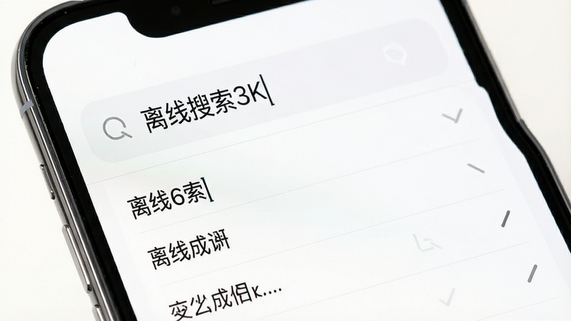 手机APP搜索界面特写,搜索框内输入汉字,下方列出相关成语结果,界面简洁,字体清晰,背景纯白,突出“离线搜索”概念,细节精致,4k画质,干净,无多余元素
