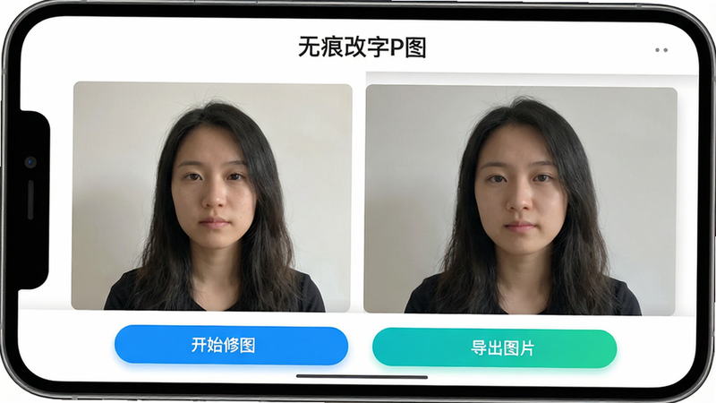 主体为手机屏幕展示应用界面,布局清晰,左侧为原图预览区,右侧为修改后对比区,顶部显示应用名称“无痕改字P图”,底部有“开始修图”、“导出图片”两个高亮按钮,风格为现代扁平化设计,细节处体现光影质感,画质高清,干净无多余元素