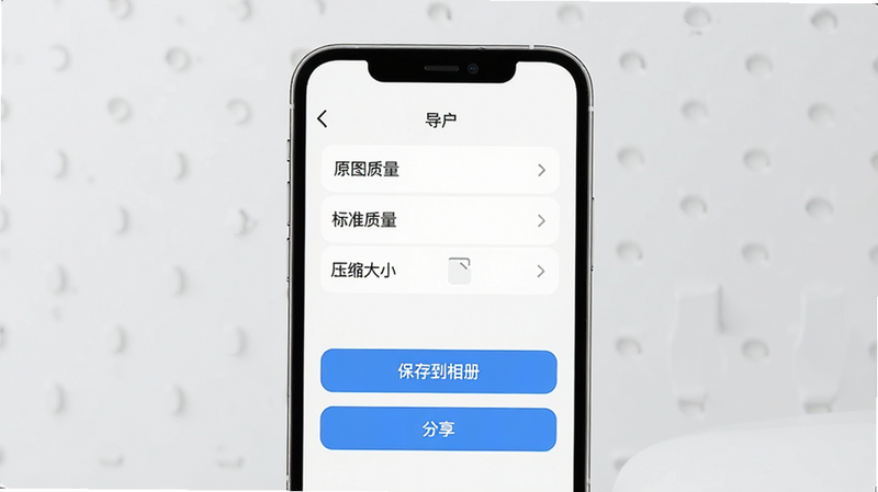 应用导出界面,主体为手机屏幕,显示导出选项,包括“原图质量”、“标准质量”、“压缩大小”,下方有“保存到相册”、“分享”按钮,背景简洁,风格现代,细节清晰,画质极佳,无干扰元素