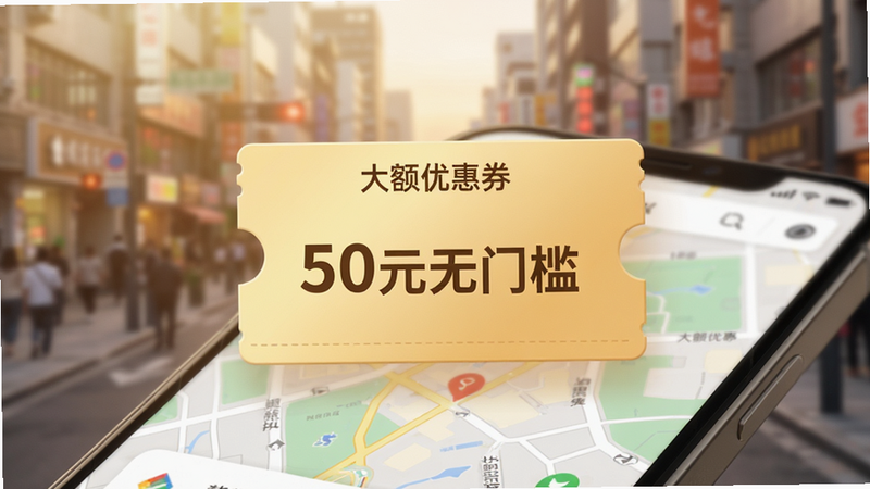 �ֻ�������д��չʾһ����ɫ�ġ�����Ż�ȯ����Ƭ�����ڵ�ͼ�Ϸ�����Ƭ���С�50Ԫ���ż���������������ģ���ĳ��нֵ���������ͣ�ͻ���Ż����⣬�����ܰ�Ҿ�������������ϸ�壬����������Ԫ��