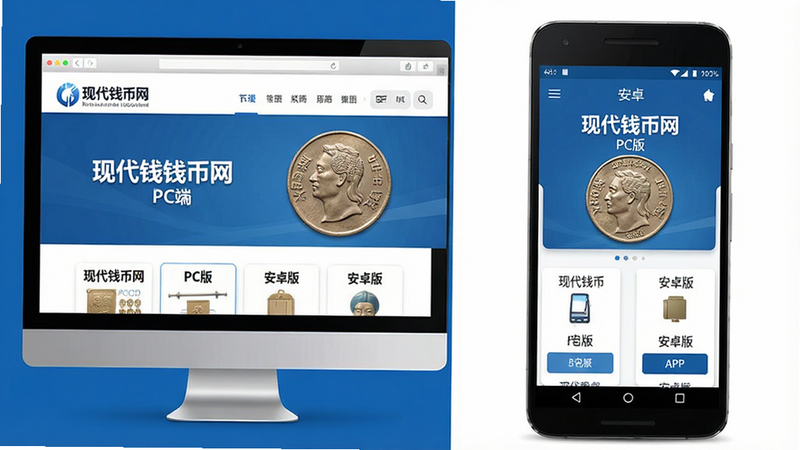 生成一张对比图,左侧为现代钱币网PC端网页界面,右侧为安卓版APP界面,布局左右对称,风格统一,蓝色主色调,细节清晰,画质高清,文字内容包含
