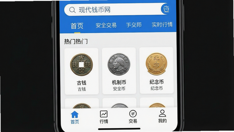 生成一张现代钱币网安卓APP的主界面截图,主体为手机屏幕,布局清晰,顶部显示搜索栏和导航,中部展示热门钱币分类如“古钱”、“机制币”、“纪念币”,底部为“首页”、“行情”、“交易”、“我的”四个标签栏,风格简洁专业,蓝色主色调,细节清晰,画质高清,无多余元素,文字内容包含