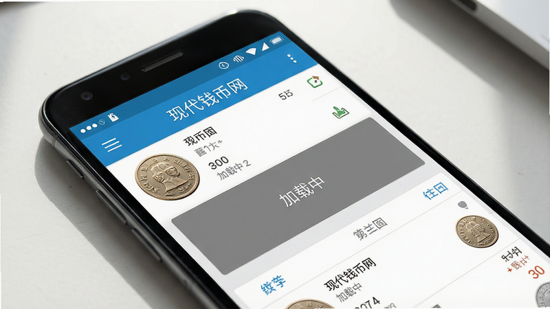 生成一张现代钱币网APP在安卓手机上的运行状态示意图,主体为手机屏幕显示APP运行界面,布局为典型安卓UI,顶部状态栏显示时间和电量,中间内容区展示钱币列表,风格写实,光影自然,细节清晰,画质高清,文字内容包含