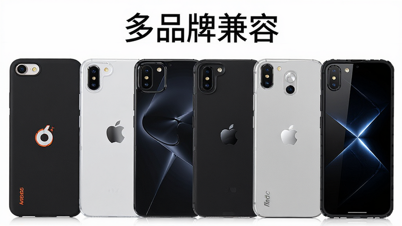 主体为多品牌手机排列展示,布局横向并列,风格产品摄影,细节包含不同品牌Logo手机壳,背景为纯白色,画质高清,干净,无杂乱背景,文字显示
