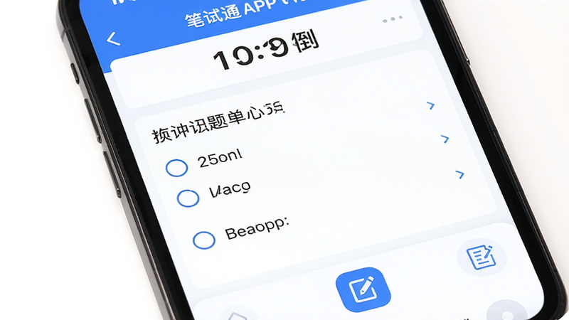 主体为智能手机屏幕显示笔试通APP界面,布局清晰展示顶部倒计时、中部单选题题干与选项、底部草稿纸图标,排版简洁现代,风格扁平化科技风,细节包含蓝色主色调按钮与白色背景,画质高清4k,干净无多余元素,文字显示
