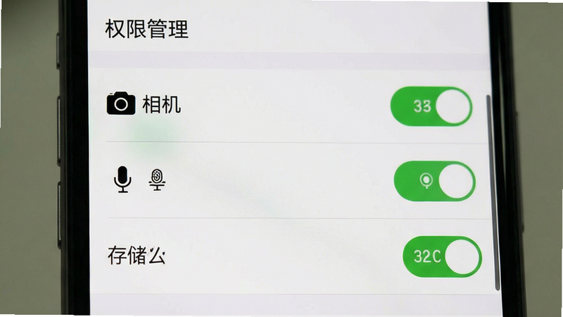 主体为手机设置界面截图,显示权限管理列表,布局垂直排列,风格系统原生UI,细节包含相机、麦克风、存储三个权限开关处于开启状态,画质清晰,干净,无多余弹窗,文字显示
