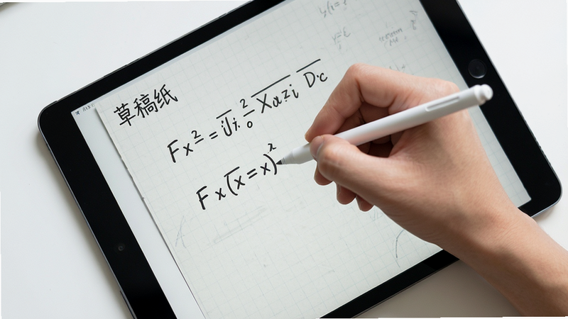 主体为一只手拿着触控笔在平板电脑上书写数学公式,布局俯视角度,背景为简洁的白色桌面,风格写实摄影,细节包含公式符号与草稿纸纹理,画质真实,干净,无阴影干扰,文字显示