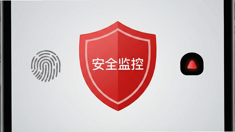 主体为手机屏幕特写,显示一个红色的盾牌图标代表安全监控,布局中心对称,背景为浅灰色渐变,风格极简主义,细节包含指纹识别图标与摄像头开启状态指示,画质清晰,干净,无多余装饰,文字显示
