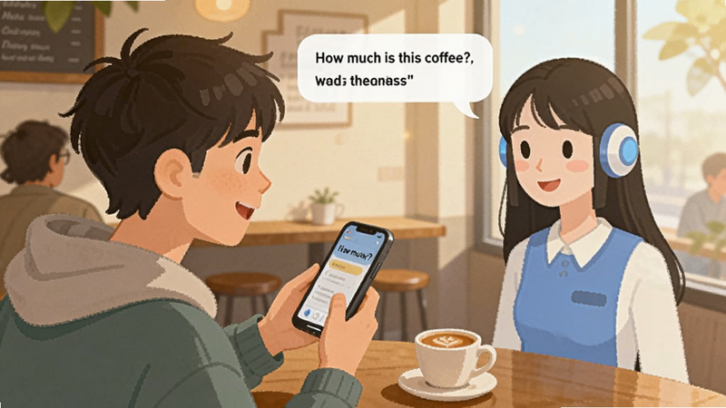 场景插画,一个年轻人在咖啡厅使用手机练习英语口语,对面是AI虚拟助手,气泡中显示对话内容'How much is this coffee?',画面温馨自然,突出沉浸式体验,色彩柔和,细节丰富