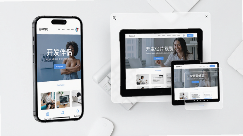 展示开发伴侣实时预览功能的场景图,手机屏幕上显示着一个正在运行的响应式网页,旁边悬浮着几个不同尺寸的模拟框,表示多设备适配,风格简洁明亮,细节丰富,画质高清,干净,无多余元素