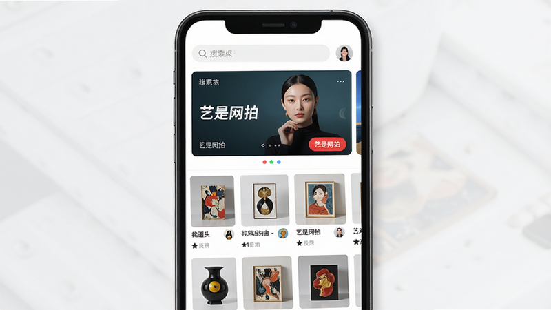 主体为手机屏幕界面展示“艺是网拍”APP首页,布局清晰展示顶部搜索栏、中部轮播大图及下方网格状拍品列表,排版整洁现代,风格为极简商务风,细节包括高清晰度的艺术品缩略图、清晰的红色竞拍按钮及用户头像,画质8k高清,干净无多余元素,文字“艺是网拍”清晰可见