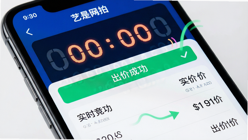 主体为手机屏幕特写,展示“艺是网拍”APP竞拍页面,布局突出倒计时数字与实时出价列表,排版紧凑且重点突出,风格科技感强,细节包括跳动的价格数字、绿色的“出价成功”提示条及流畅的动画效果示意,画质高清,干净无多余元素,文字“实时竞拍”醒目