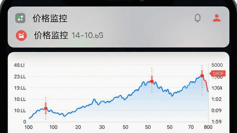 主体为手机通知栏与APP内价格曲线图界面,布局上方显示推送消息卡片,下方展示折线走势图,排版直观易读,风格专业数据分析风,细节包括蓝色的价格趋势线、红色的高点标记及清晰的坐标轴文字,画质高清,干净无多余元素,文字“价格监控”清晰