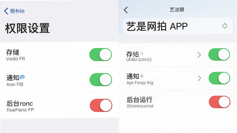 主体为手机设置界面与艺是网拍APP权限设置页面,布局展示存储、通知、后台运行等权限开关,排版清晰,风格系统原生UI风,细节包括绿色的开启状态开关、红色的关闭状态开关及清晰的权限名称文字,画质高清,干净无多余元素,文字“权限设置”清晰