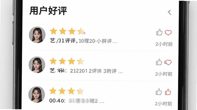 主体为艺是网拍APP的用户评价页面,布局展示多条五星好评及用户头像,排版整齐,风格社区互动风,细节包括点赞图标、评论气泡及时间戳,画质高清,干净无多余元素,文字“用户好评”清晰