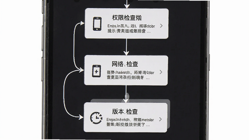 主体为手机故障排查流程图,布局为垂直流程图,排版逻辑清晰,风格极简,细节展示权限检查、网络检查、版本检查步骤,画质清晰,干净,无多余元素