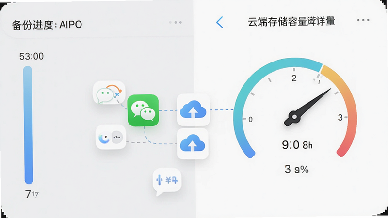 主体为微聊天记录云备忘录APP界面,布局清晰,左侧显示备份进度条,右侧展示云端存储容量仪表盘,排版整洁,风格现代简约,细节包含微信图标与云盘图标连接,画质高清,干净,无多余元素
