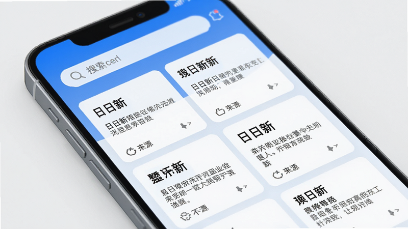 手机屏幕展示“日日新”的信息聚合页面,采用卡片式布局,每张卡片包含标题、摘要及来源标识,顶部有搜索栏,界面色彩以蓝白为主,体现科技感与专业感,图片清晰,文字锐利,无模糊,背景干净