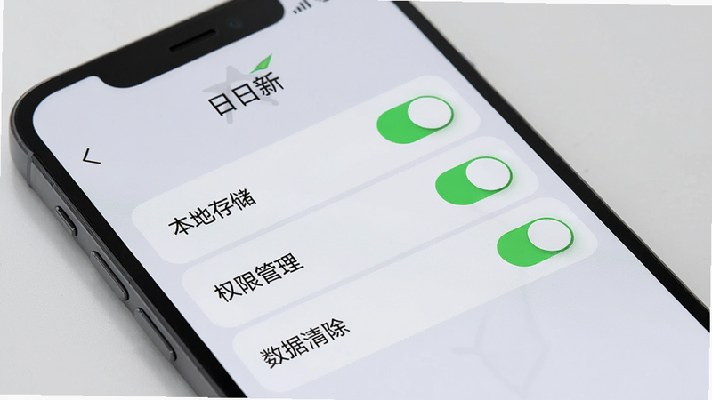 手机屏幕显示“日日新”的隐私设置页面,包含多个开关选项,如“本地存储”、“权限管理”、“数据清除”,界面设计简洁直观,开关状态清晰可见,背景为浅灰色,突出安全与控制的氛围,高清细节,无多余装饰