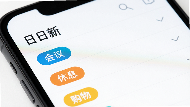 手机屏幕特写,显示“日日新”应用的日程列表界面,列表中包含多个彩色标签的事件条目,如“会议”、“休息”、“购物”,界面设计扁平化,色彩搭配清新,背景为纯白,突出列表的整洁与易读性,高分辨率,无水印
