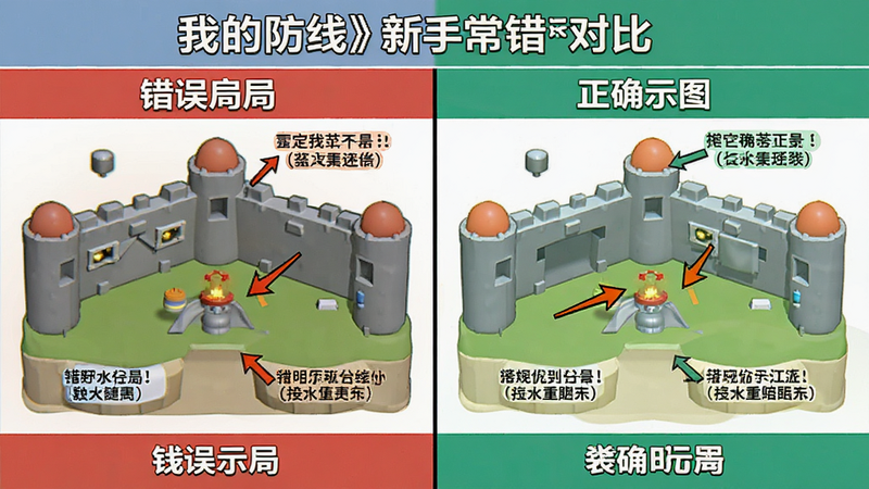主体为《我的防线》新手常见错误对比图,布局为左右分屏,左侧展示错误布局,右侧展示正确布局,排版对比鲜明,风格为教学示意图,细节标注箭头指示,画质清晰,干净,无多余元素,文字标签说明优缺点