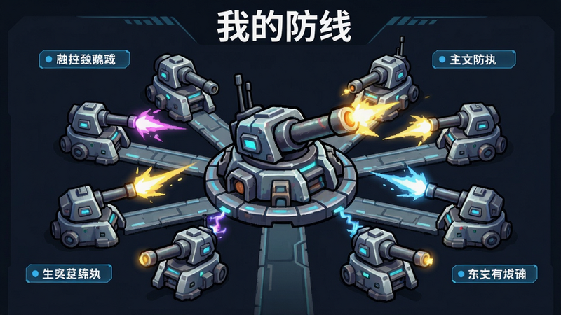 主体为《我的防线》中的炮台组合展示,布局为中心辐射状,中央是主炮台,周围环绕着辅助炮台,排版对称,风格为科技感与卡通风结合,细节展示炮台特效,画质清晰,干净,无多余元素,文字标签标注炮台名称