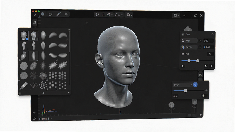 Nomad Sculpt 软件界面全景展示,主体为深色模式下的3D雕刻工作区,中央悬浮一个精细的半透明人物头部模型,周围环绕着悬浮的笔刷选择面板和属性调节滑块,布局整洁有序,排版采用现代扁平化风格,细节丰富显示笔刷纹理与网格结构,画质超高清,干净背景,无多余元素