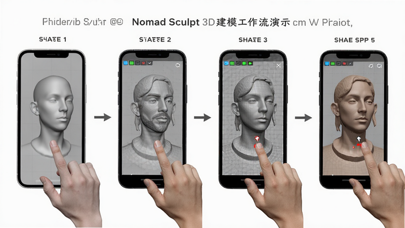 Nomad Sculpt 3D建模工作流演示,主体为手机屏幕分步骤展示从空白到成品的过程,布局横向排列四个阶段,排版逻辑清晰,风格教程图示化,细节展示每个阶段的模型变化与操作手势,画质高清,干净背景,无多余干扰