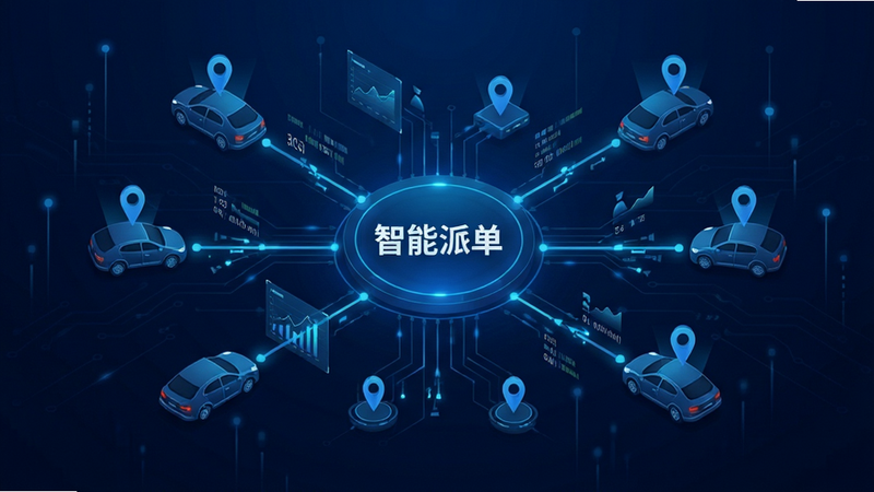 主体为智能派单算法示意图,布局呈现中心节点向四周车辆辐射的连接线,排版逻辑严密,风格为深蓝色科技风,细节展示数据流与定位图标,文字包含