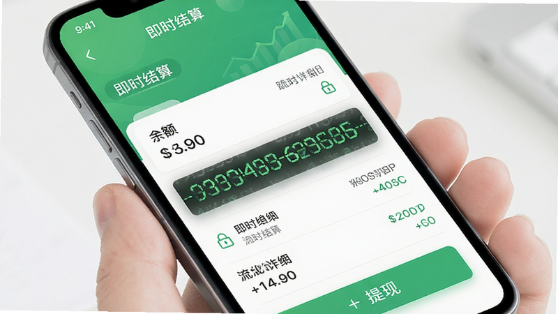 主体为移动端钱包结算界面,布局包含余额展示、流水明细列表及提现按钮,排版简洁明了,风格为清新绿色金融风,细节显示数字滚动效果与安全锁图标,文字包含