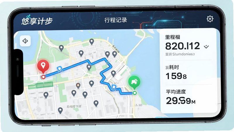 展示“悠享计步”APP内的行程记录界面,主体为一张模拟地图,上面有一条清晰的蓝色行驶轨迹线,起点和终点用红色和绿色图标标记。界面右侧显示具体的里程数字、耗时和平均速度。风格为科技感UI设计,细节丰富,如地图上的地标图标,画质清晰,布局整洁。