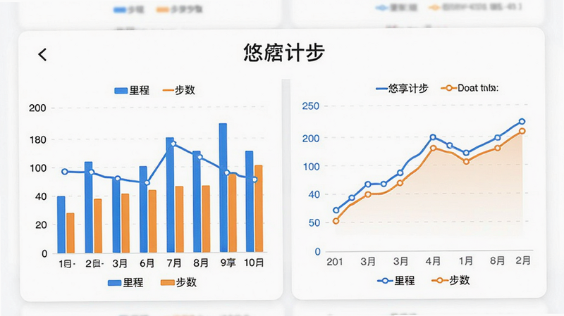展示“悠享计步”APP的数据统计报表页面,主体为柱状图和折线图的组合,背景为白色卡片式设计。图表颜色鲜明,蓝色代表里程,橙色代表步数。布局对称,细节处有坐标轴和图例说明,风格专业商务,画质细腻,无杂乱元素。