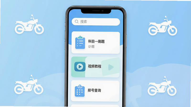 一张高清扁平化风格的UI界面设计图,主体为手机屏幕,显示'摩托车考试'APP首页,界面简洁,顶部有搜索栏,中间展示'科目一刷题'、'视频教程'、'排号查询'三个核心功能卡片,背景为淡蓝色渐变,点缀白色摩托车剪影图标,排版整齐,无多余装饰,4K画质,干净清晰