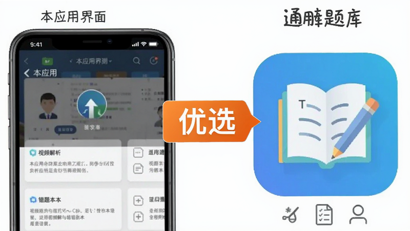 一张对比评测图,左侧为本应用界面,右侧为通用题库图标,中间用'优选'标签连接,突出本应用的视频解析与错题本功能,背景为白色,文字清晰,无其他干扰元素,风格专业客观