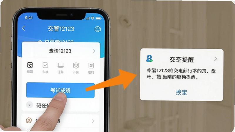 一张指引图,展示手机屏幕上'交管12123'APP的查询界面,手指点击'考试成绩'按钮,旁边有箭头指向本应用的提醒弹窗,示意两者联动,背景简洁,重点突出操作路径,清晰易懂