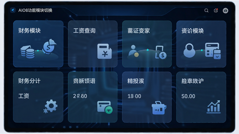 主体为AIO8功能模块切换界面,布局展示多个功能卡片,排版网格状,风格科技感,细节显示