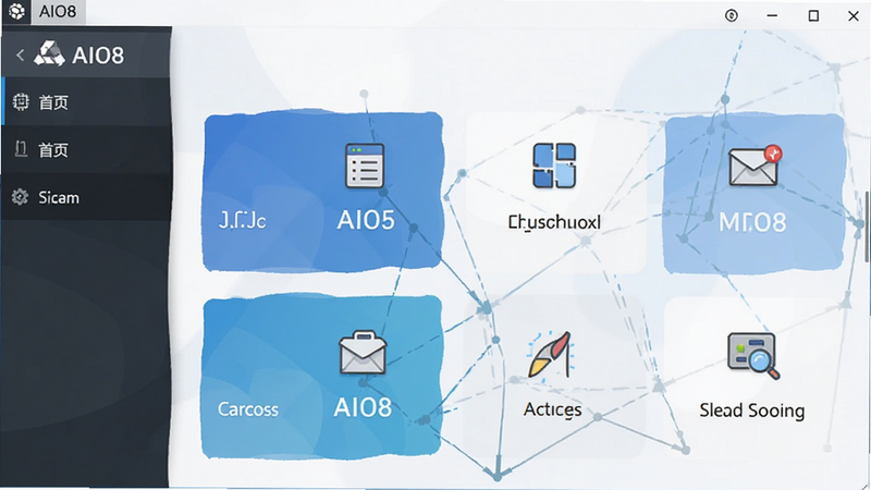 主体为AIO8软件界面截图,布局清晰展示首页核心功能入口,排版整齐,风格为现代扁平化商务风,细节包含清晰的图标与文字标签