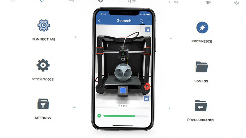 Geeetech 软件界面全景展示,白色背景,中央显示手机屏幕正在运行 Geeetech App,屏幕内清晰可见 3D 打印机的实时模型预览和进度条,周围环绕着简洁的图标表示连接、设置、文件管理等功能,风格现代简约,高清无杂色