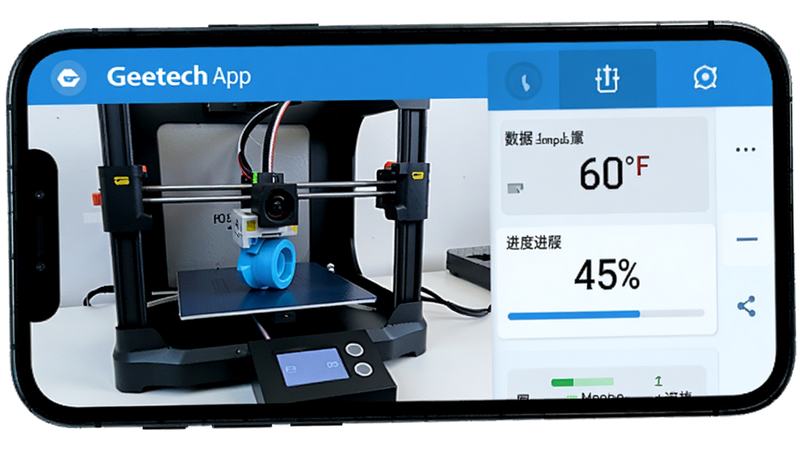 手机屏幕特写,显示 Geeetech App 的监控界面,左侧是 3D 打印机正在工作的画面,右侧是数据面板,显示温度 60 度和进度 45%,界面清新,蓝色为主色调,细节清晰,无多余装饰