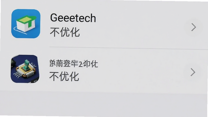 手机设置界面截图,显示电池优化选项,Geeetech 应用被标记为“不优化”,背景为浅灰色,文字清晰,无多余图标,突出设置步骤