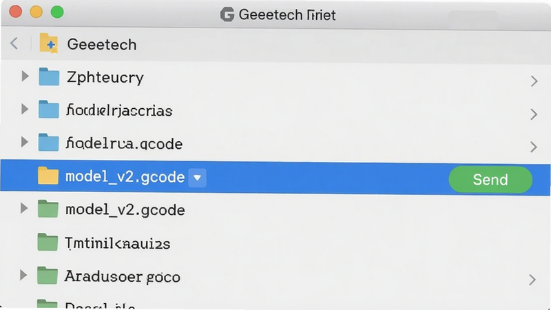 Geeetech 文件管理界面截图,显示文件夹列表,突出显示一个名为 model_v2.gcode 的文件,旁边有发送按钮,背景为浅灰色,图标设计扁平化,文字清晰可读,无水印