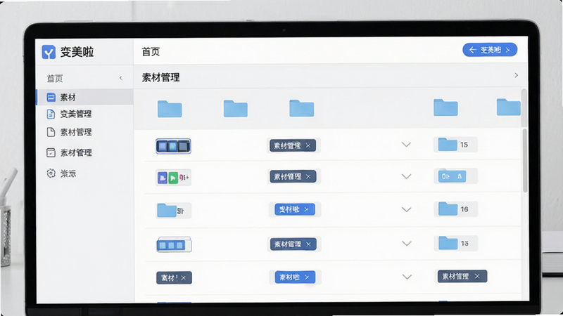 主体为变美啦的文件管理界面,布局为列表与文件夹结构,排版逻辑清晰,风格简约商务,细节展示文件图标与操作按钮,画质细腻,干净,文字标注“素材管理”